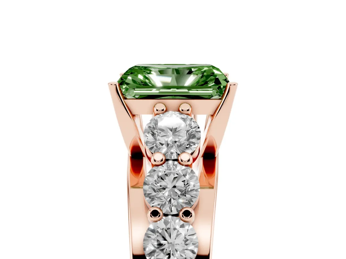Fancy Green Radiant Cut Diamond Engagement Ring with Pavé Band and Four-Prong Setting Rose gold
