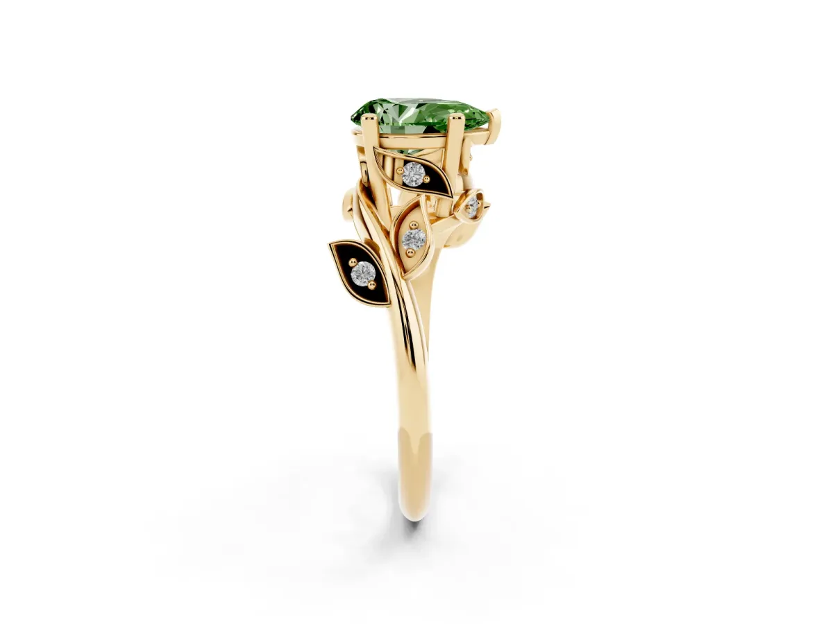 Fancy Green Pear Cut Solitaire Twist Engagement Ring with Leaf Accents and Prong Setting Yellow gold