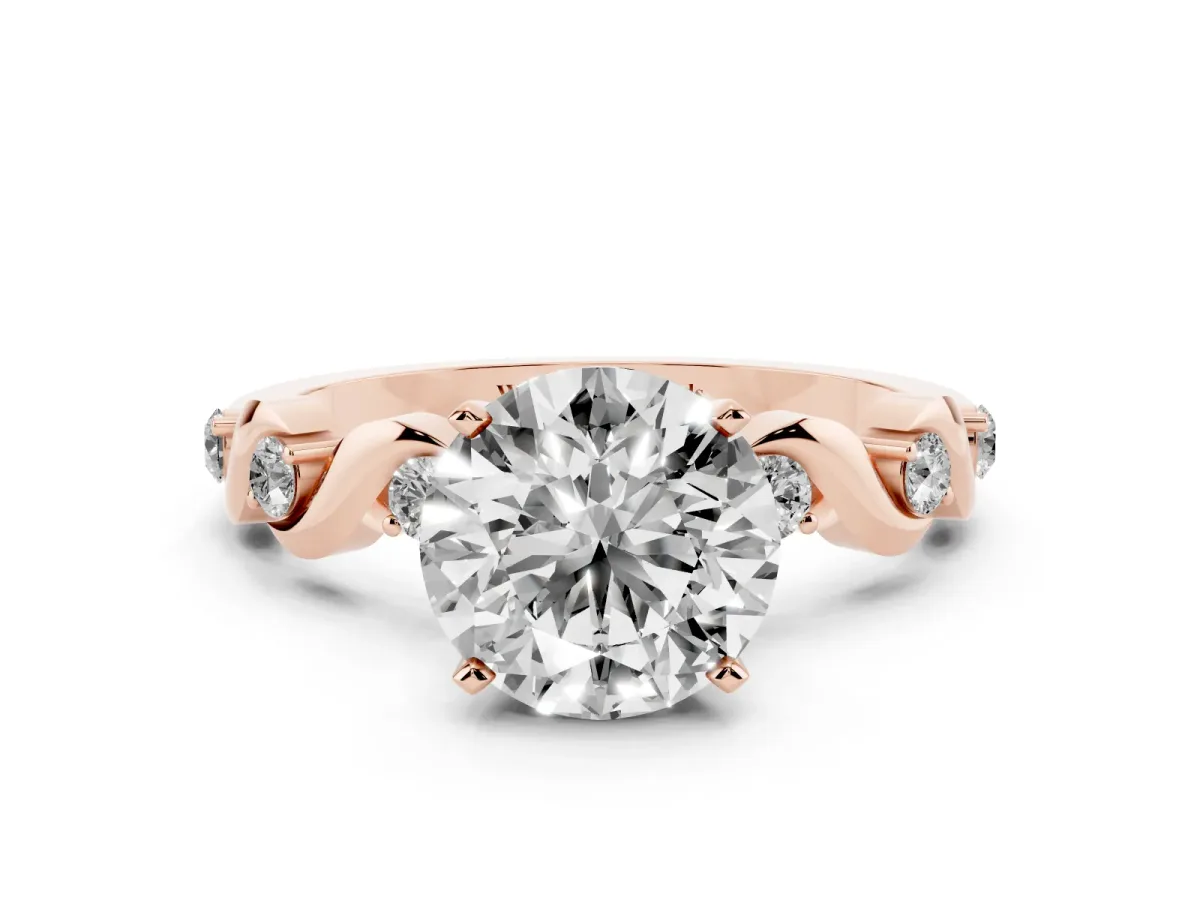 Round Cut Diamond Solitaire Twisted Band with Round Accents and Prong Setting Rose gold