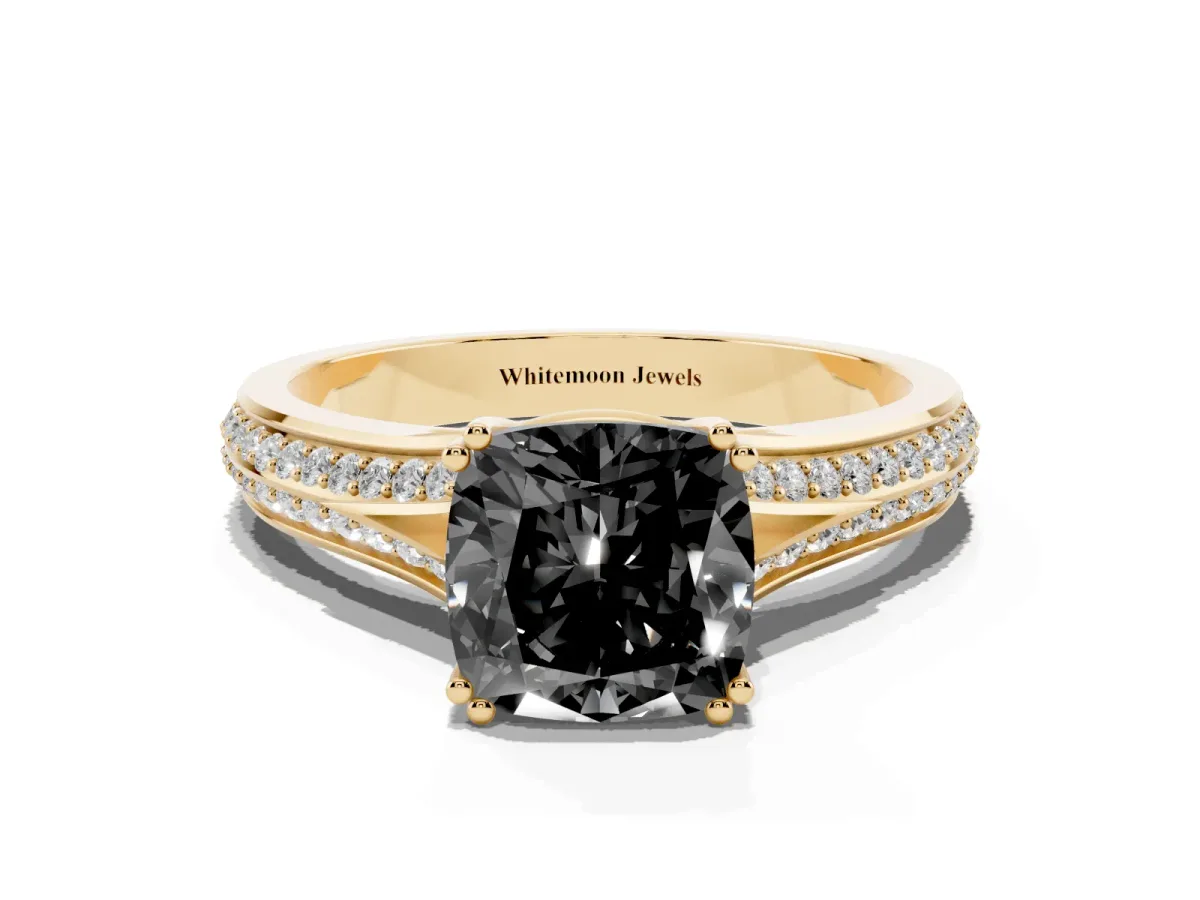 Fancy Black Cushion Cut Diamond Split Shank Engagement Ring with Pavé Band Yellow gold