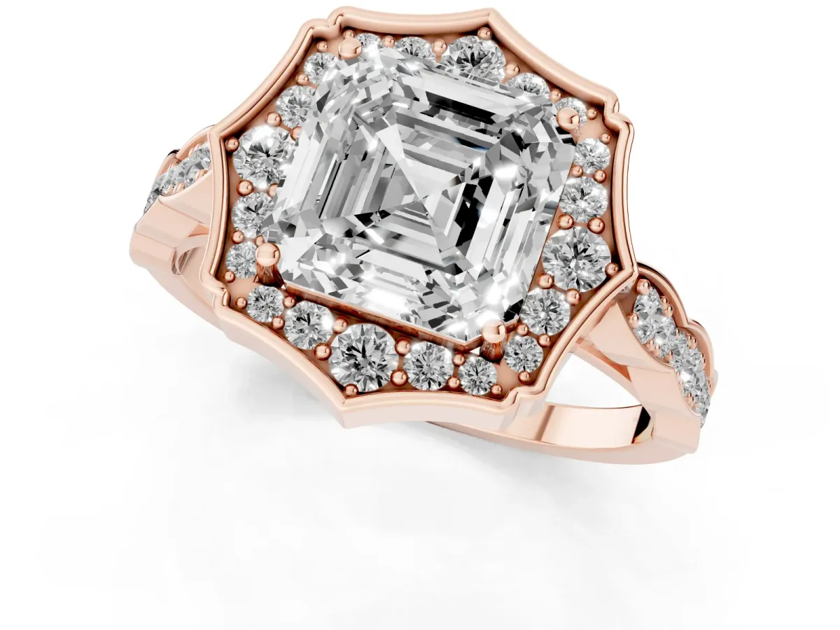 Asscher Cut Halo Diamond Engagement Ring with Milgrain Band and Four-Prong Setting Rose gold