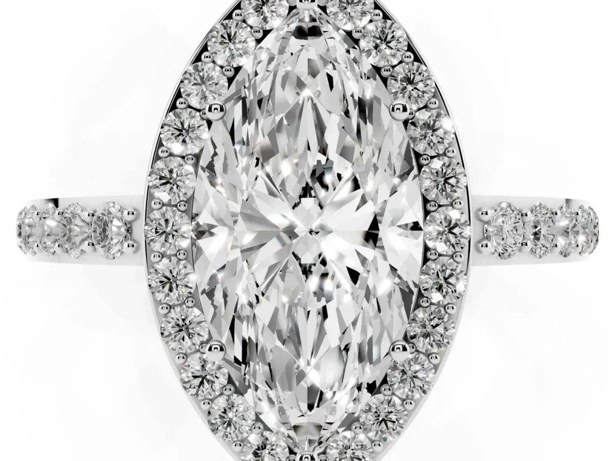 Marquise Cut Halo Diamond Pavé Band Ring with Prong Setting Silver
