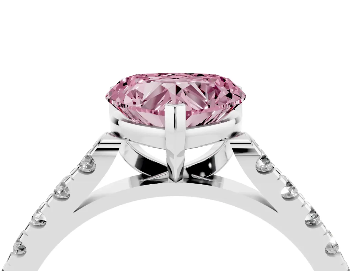 Fancy Pink Heart Cut Diamond Pavé Band Solitaire Ring with Prong Setting Platinum