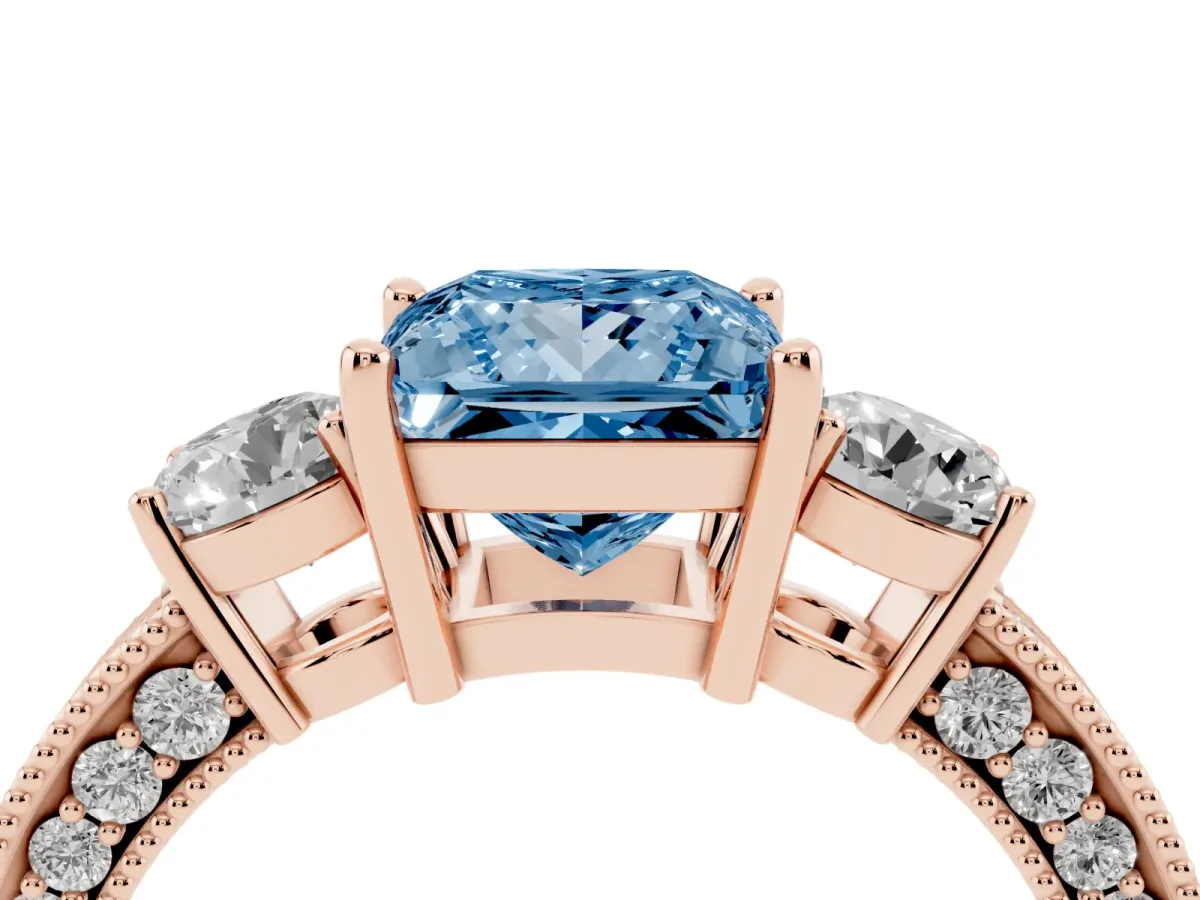 Fancy Blue Princess Cut Three-Stone Diamond Ring with Pavé Band and Four-Prong Setting Rose gold