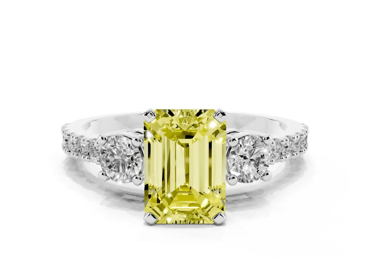 Fancy Yellow Emerald Cut Three-Stone Diamond Pavé Band with Prong Setting Platinum