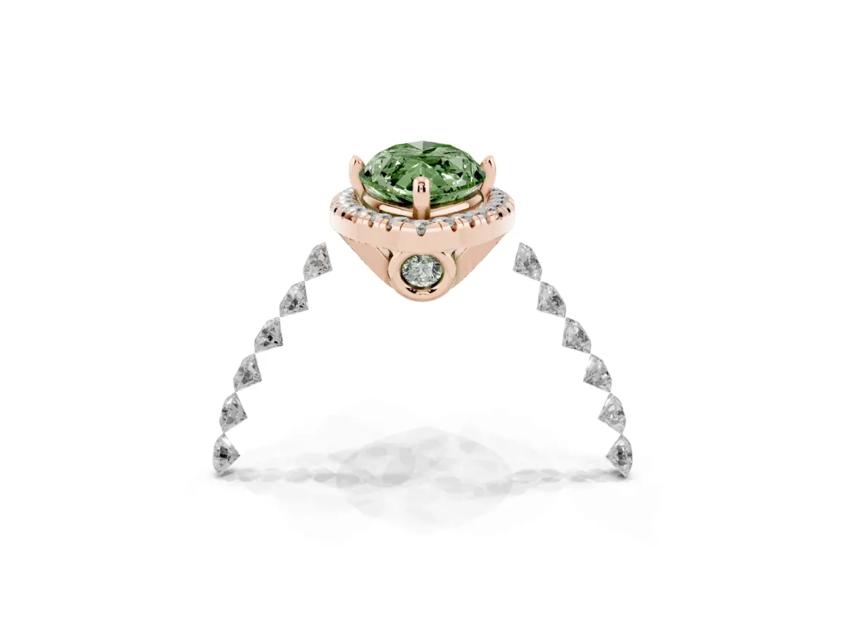 Fancy Green Marquise Cut Halo Pavé Diamond Engagement Ring with Four-Prong Setting Rose gold