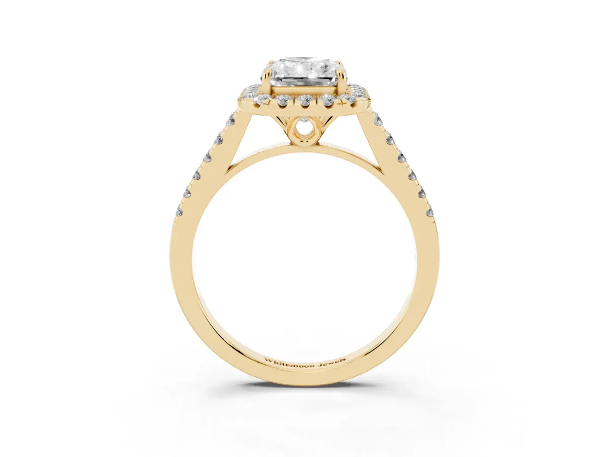 Radiant Cut Halo Pavé Diamond Engagement Ring with Four-Prong Setting Yellow gold