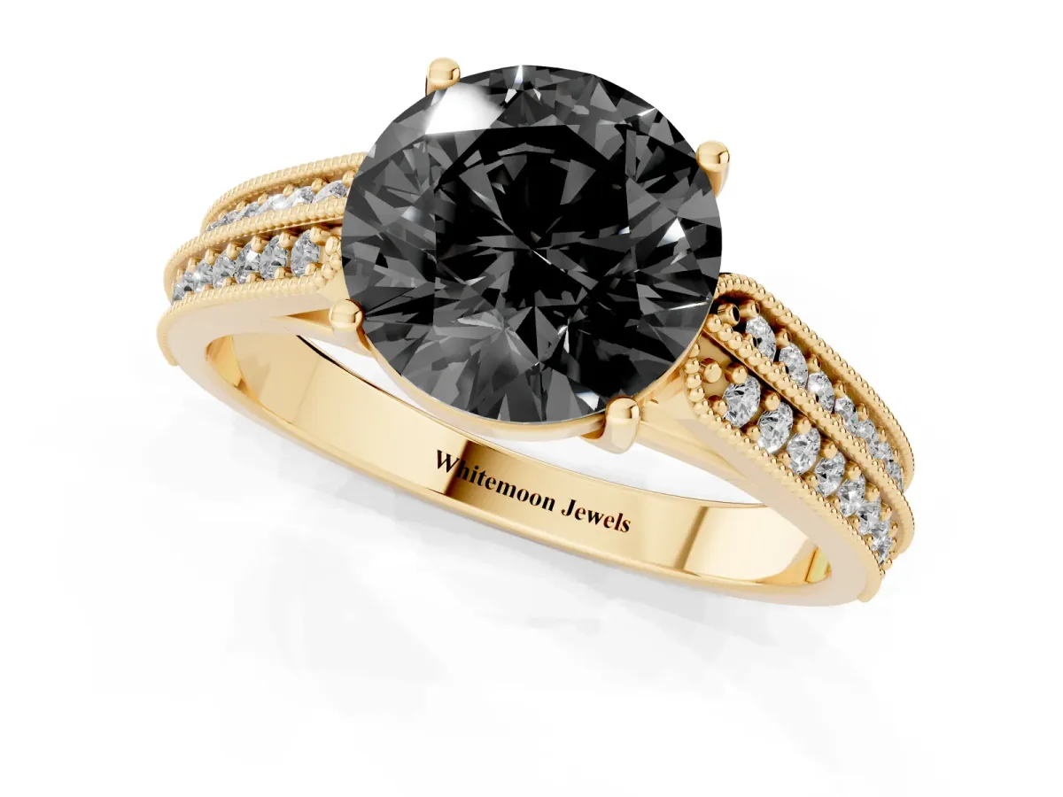 Fancy Black Round Cut Cut Pave Split Shank Engagement Ring with Four-Prong Setting Yellow gold