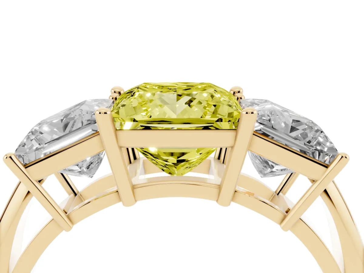 Fancy Yellow Three-Stone Princess Cut Cut Diamond Engagement Ring with Prong Setting on a White Gold Band Yellow gold