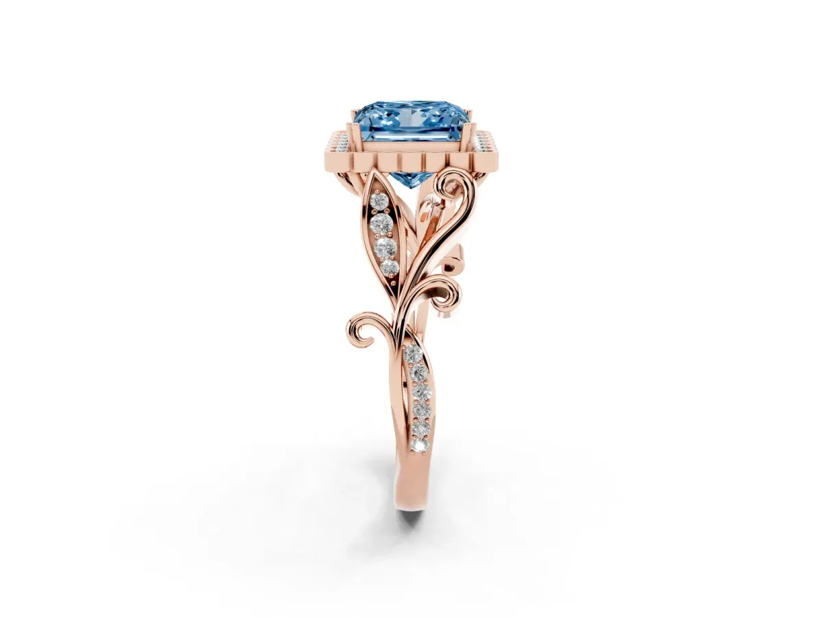 Fancy Blue Princess Cut Diamond Halo Ring with Vintage Split Shank and Four-Prong Setting Rose gold
