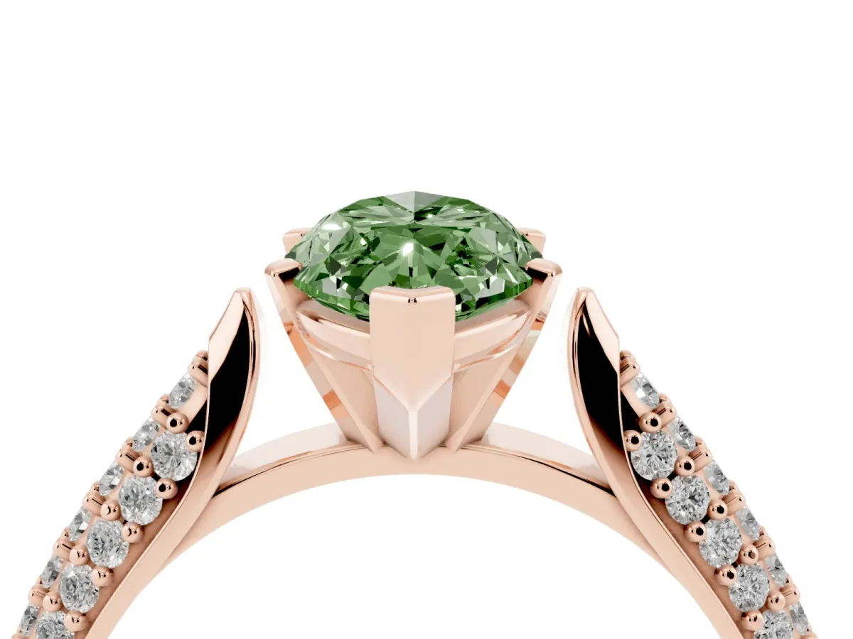 Fancy Green Marquise Cut Diamond Solitaire Engagement Ring with Multi-Row Round Pavé Band and Prong Setting Rose gold