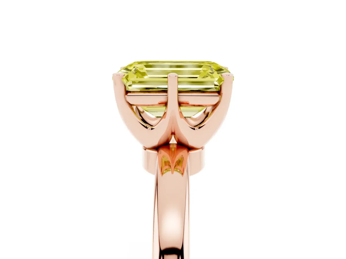 Fancy Yellow Emerald Cut Solitaire Diamond Ring with Six-Prong Setting on a Classic Band Rose gold