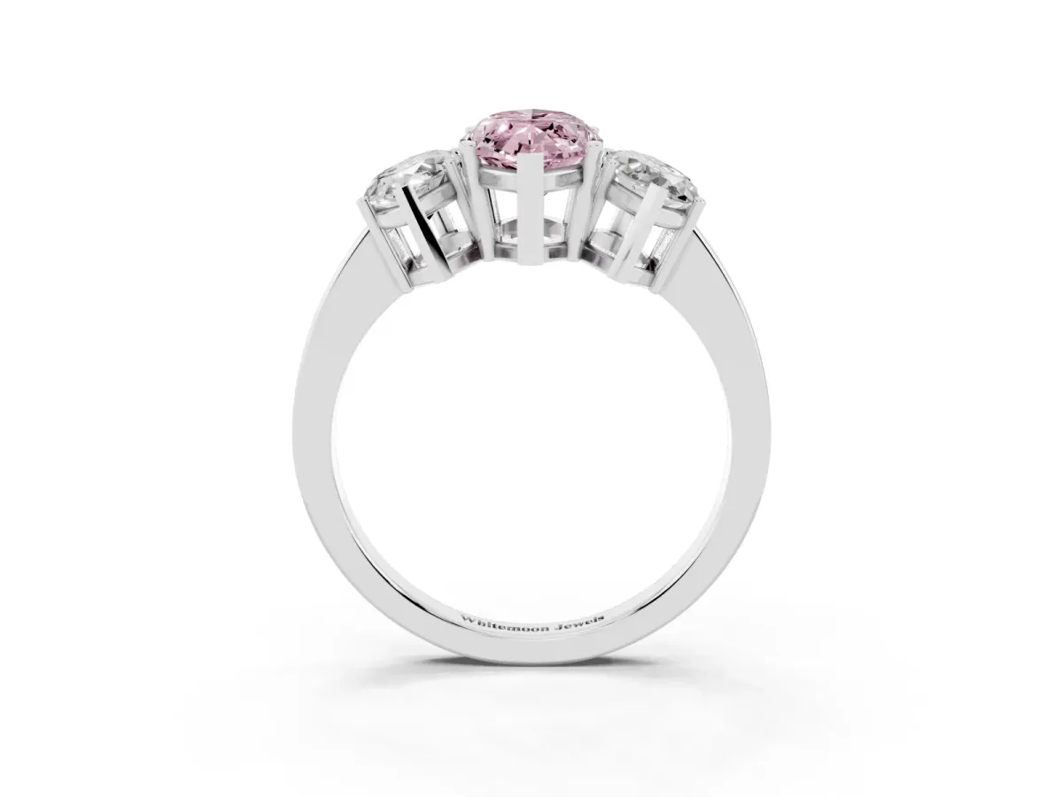 Fancy Pink Three-Stone Marquise Cut Cut Diamond Engagement Ring with Flat Band and Four-Prong Setting Silver