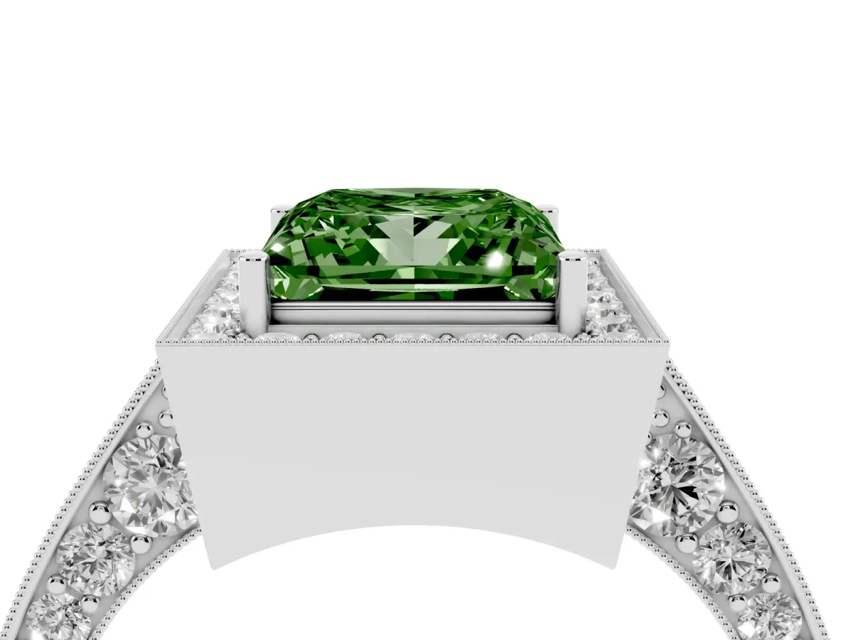 Fancy Green Princess Cut Halo Diamond Engagement Ring with Split Shank Band and Four-Prong Setting Silver