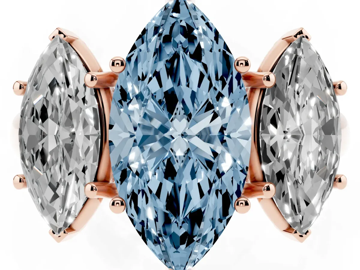 Fancy Blue Three-Stone Marquise Cut Diamond Engagement Ring with Prong Setting Rose gold