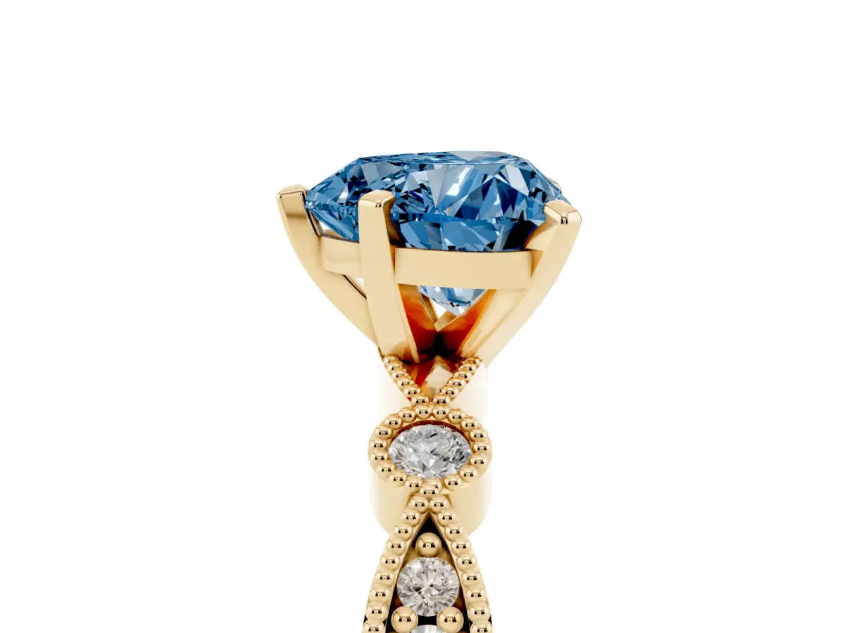Fancy Blue Heart Cut Milgrain Bezel Diamond Engagement Ring with Solitaire Prong Setting Yellow gold