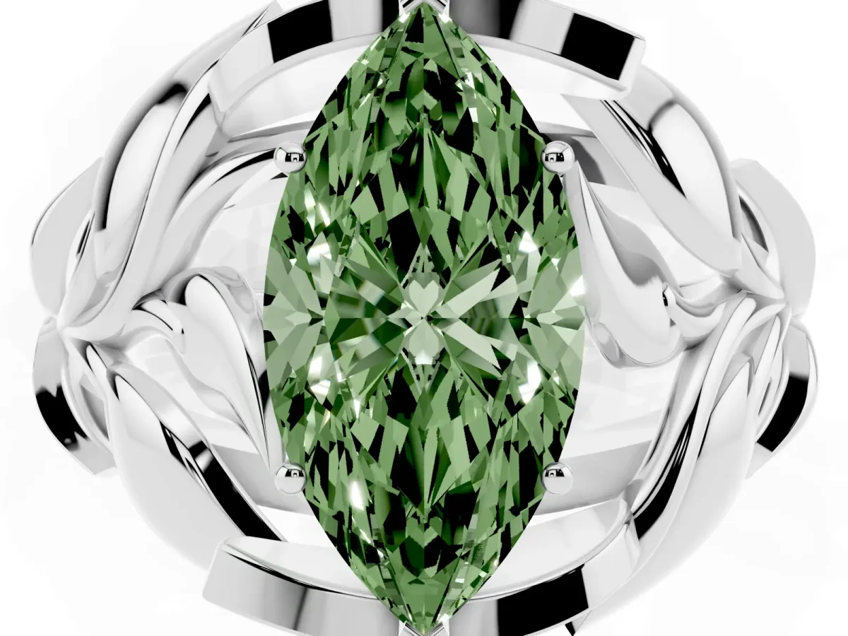 Fancy Green Marquise Cut Diamond Leaf-Inspired Engagement Ring with Round Accents and Prong Setting White gold