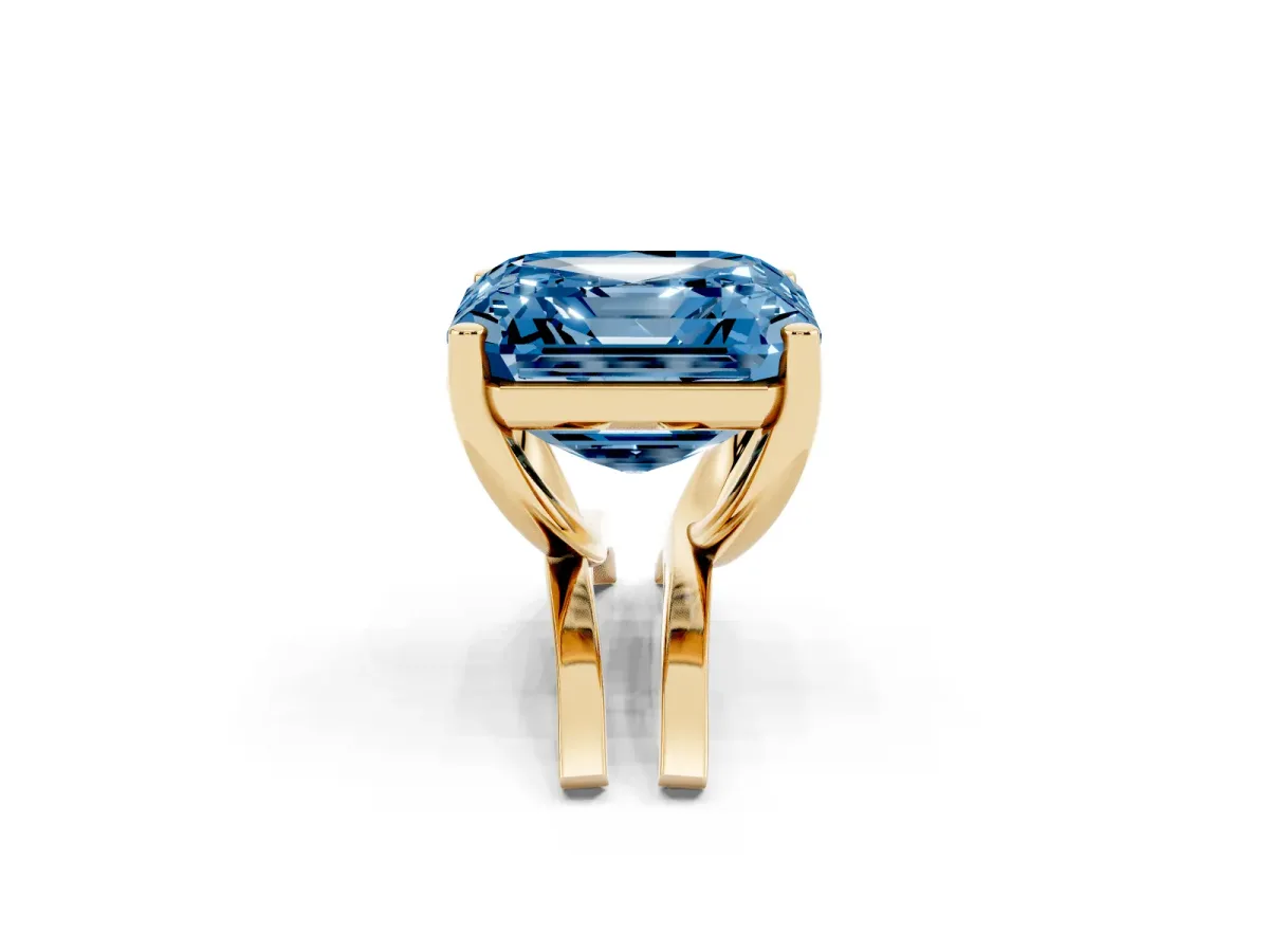 Fancy Blue Asscher Cut Cut Diamond Solitaire Engagement Ring with Tapered Plain Band and Four-Prong Setting Yellow gold