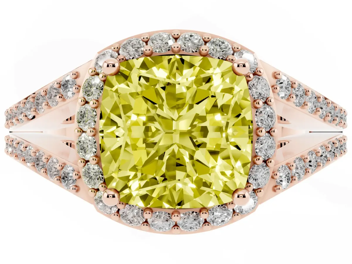 Fancy Yellow Cushion Cut Halo Split Shank Diamond Ring with Prong Setting Rose gold