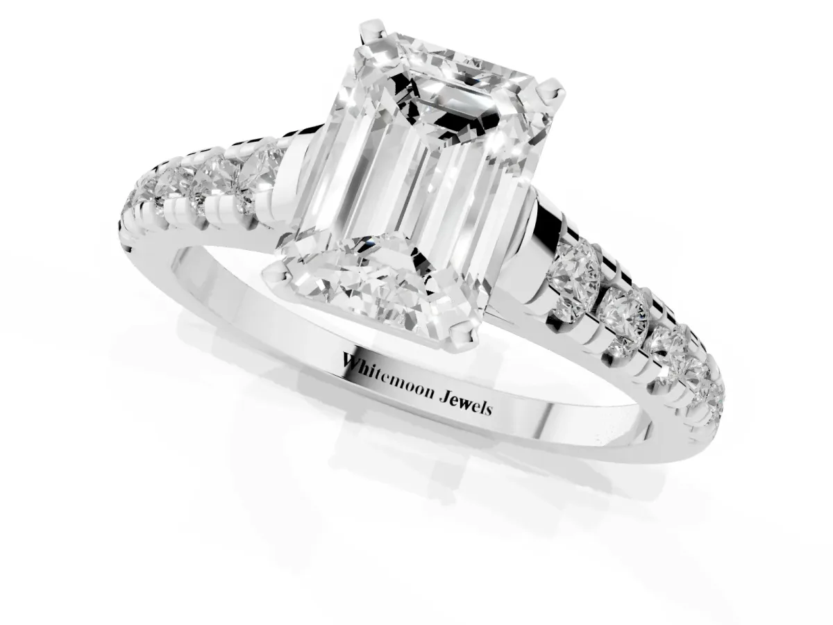 Emerald Cut Diamond Cathedral Solitaire Ring with Round Pavé Band Silver