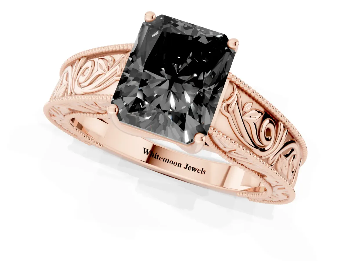 Fancy Black Radiant Cut Diamond Solitaire Ring with Engraved Band and Four-Prong Setting Rose gold
