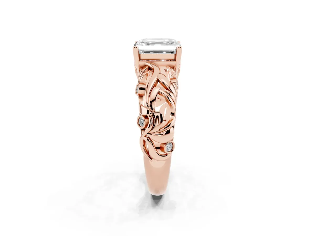 Asscher Cut Solitaire Diamond Leaf-Inspired Vine Band Ring with Prong Setting Rose gold