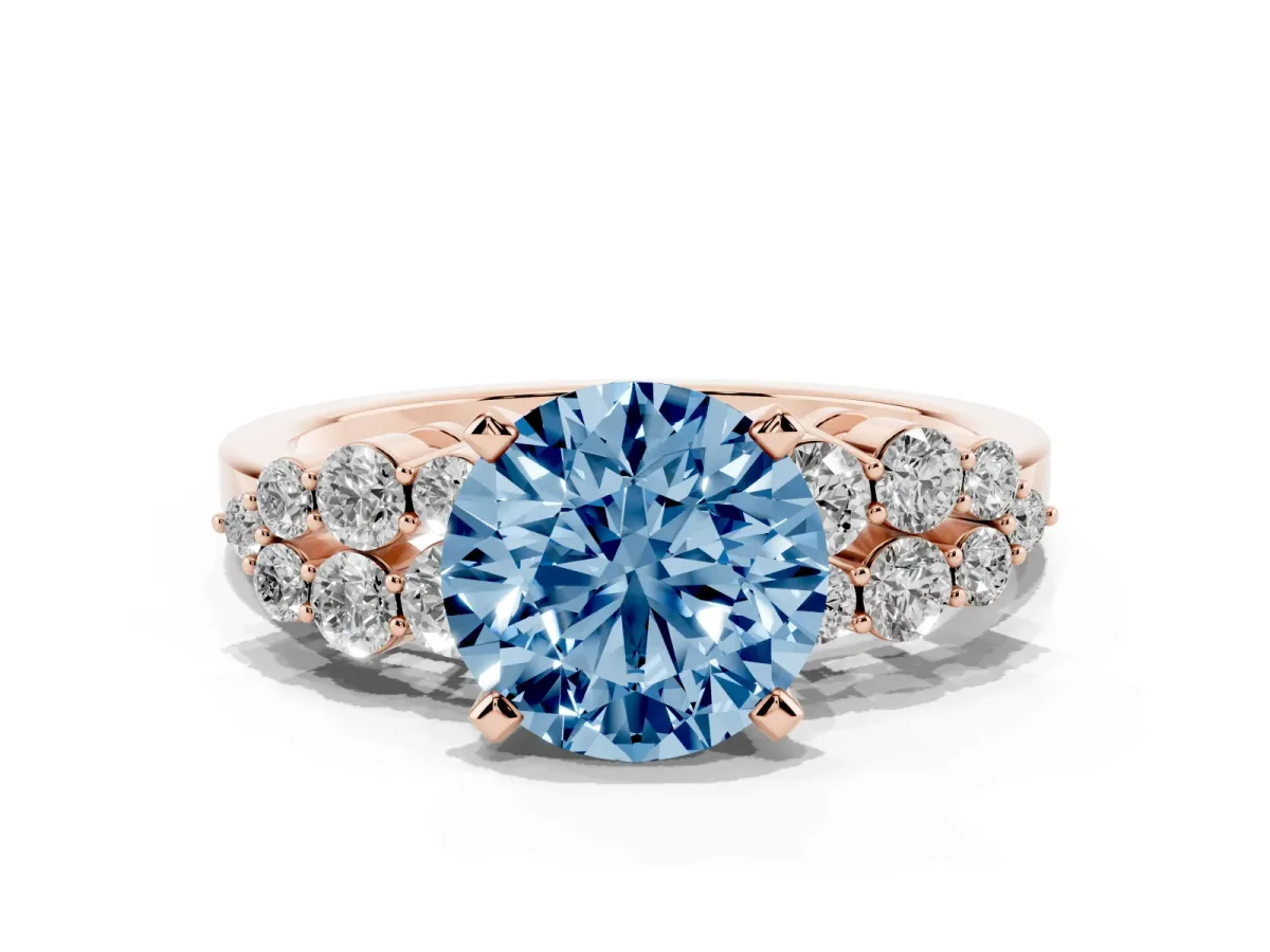 Fancy Blue Round Cut Cluster Diamond Engagement Ring with Pavé Band and Four-Prong Setting Rose gold