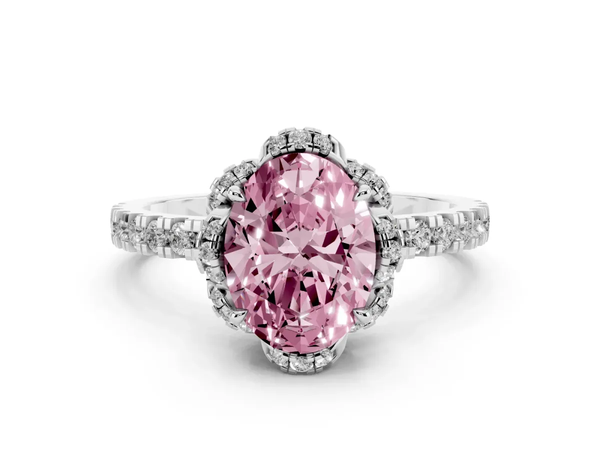 Fancy Pink Oval Cut Halo Diamond Pave Band Ring with Four-Prong Setting Silver