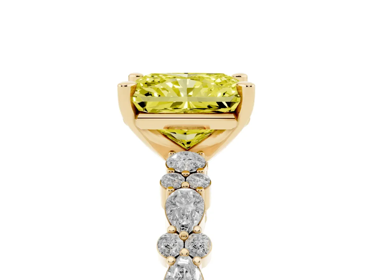 Fancy Yellow Radiant Cut Diamond Side Stone Solitaire Ring with Round and Four-Prong Setting Yellow gold