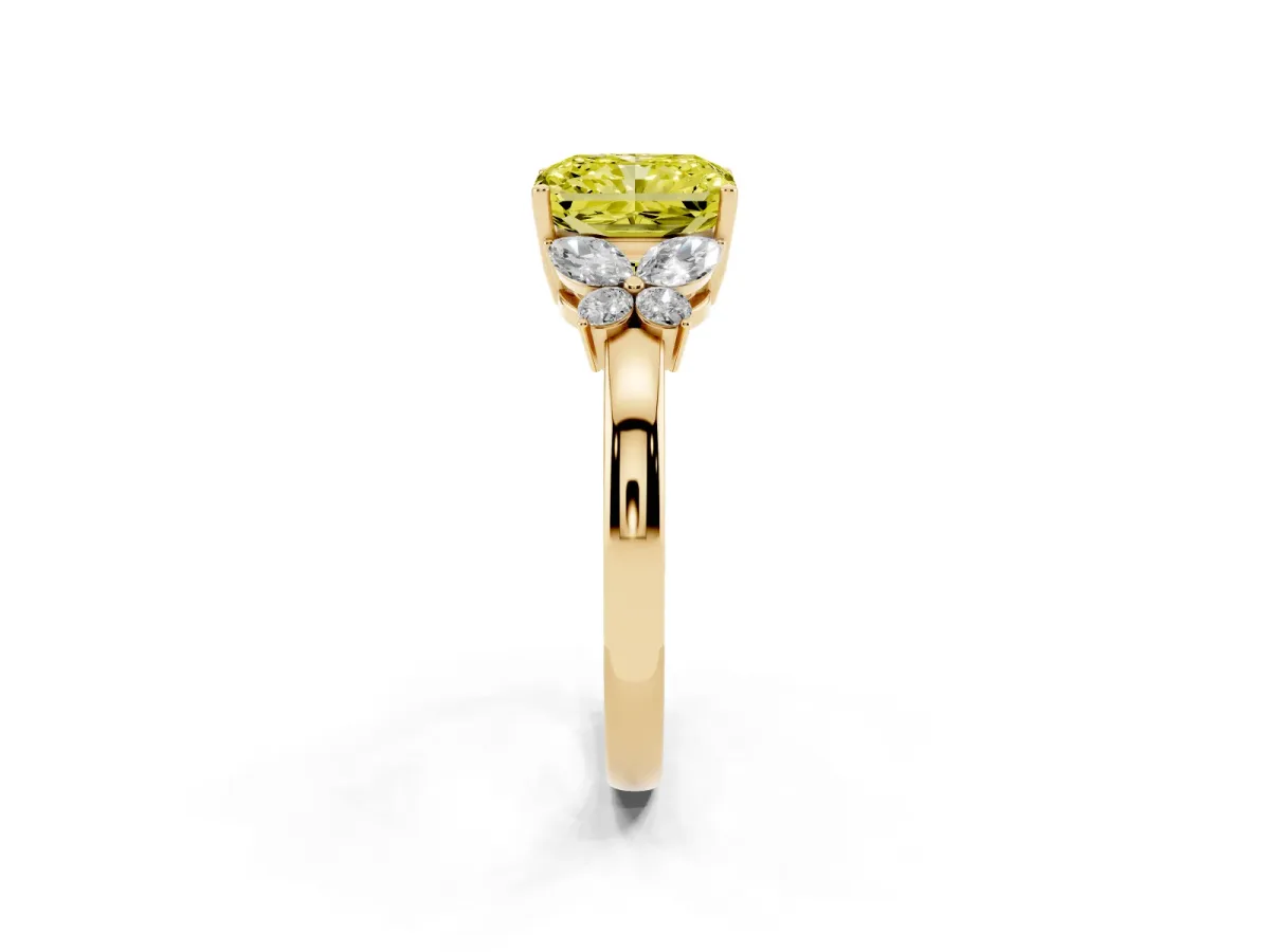 Fancy Yellow Radiant Cut Cut Solitaire Floral Diamond Ring with Four-Prong Setting Yellow gold