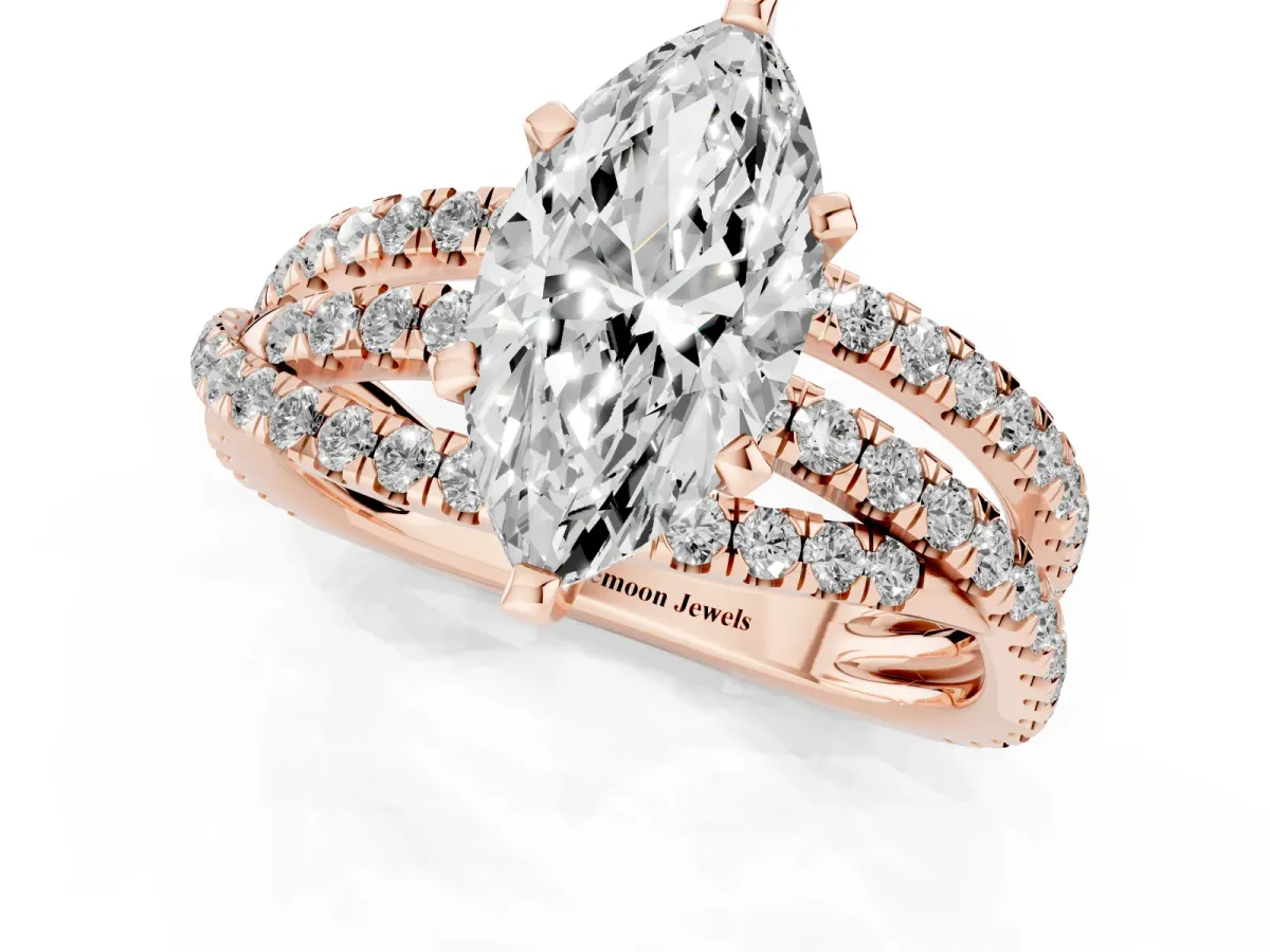 Marquise Cut Solitaire Twist Band with Pavé Setting and Four-Prong Setting Rose gold