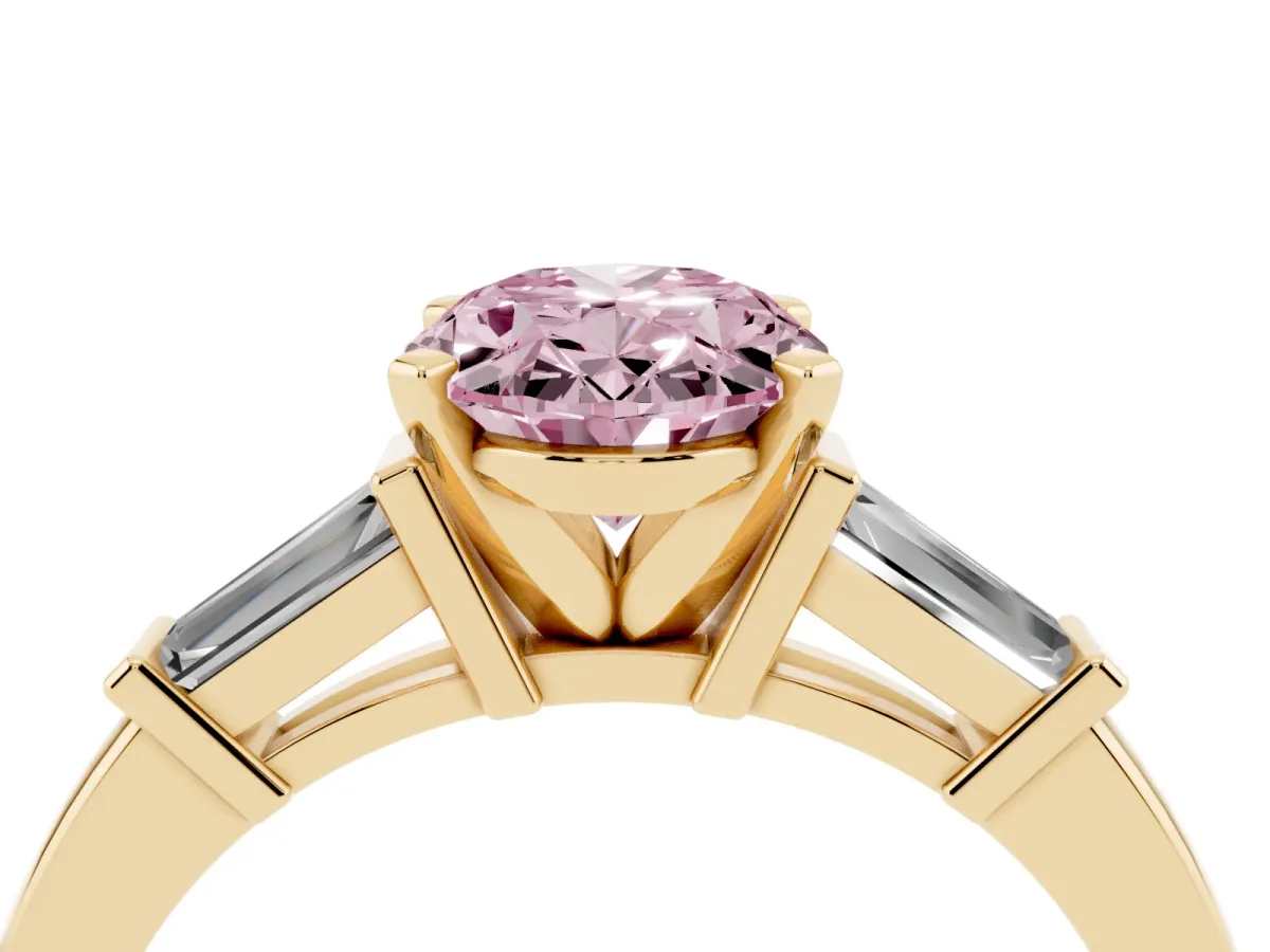 Fancy Pink Oval Cut Cut Diamond Solitaire Ring with Tapered Baguette Accents and Four-Prong Setting Yellow gold