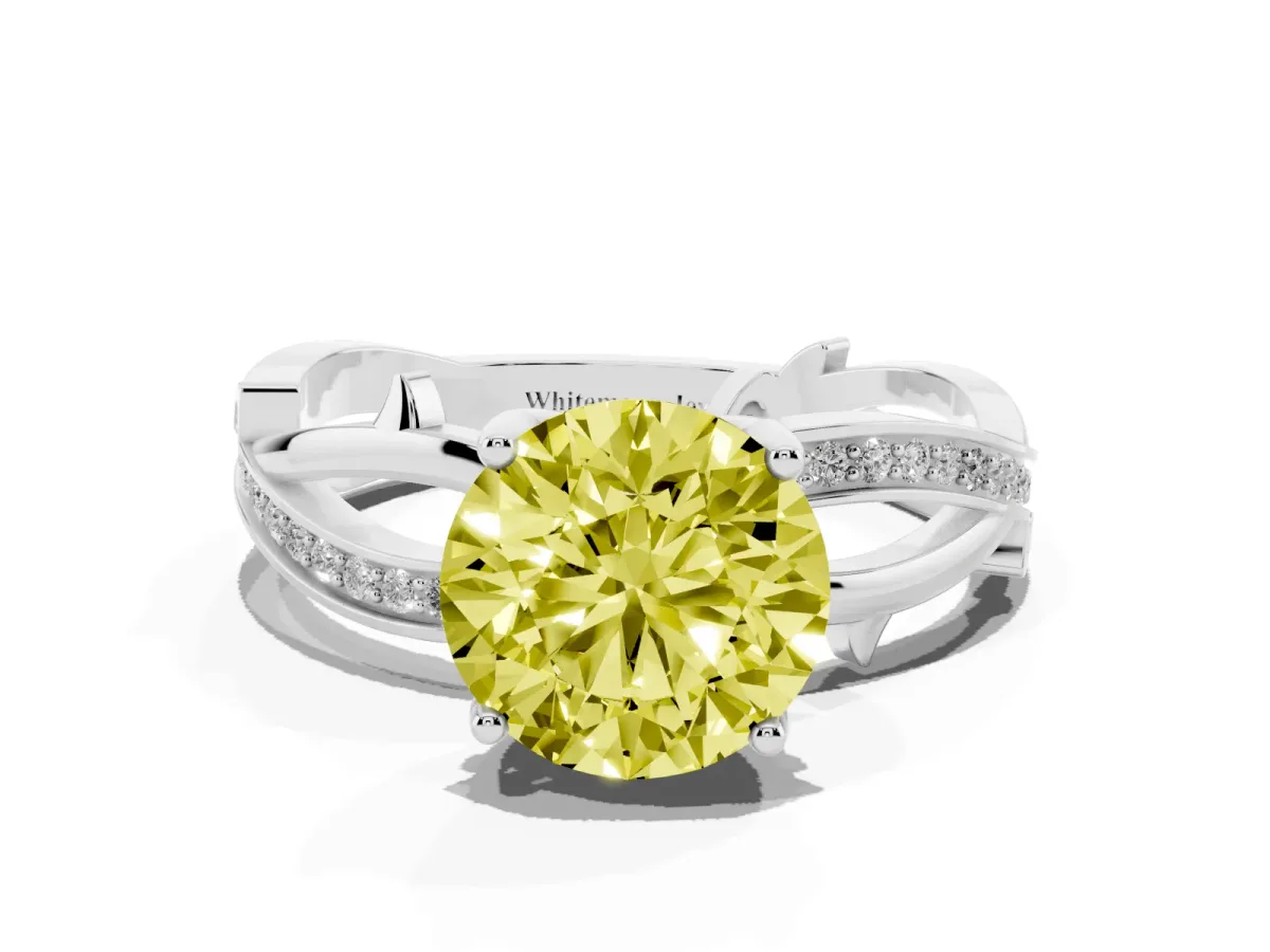 Fancy Yellow Round Cut Solitaire Twist Band with Pavé Accents and Four-Prong Setting White gold