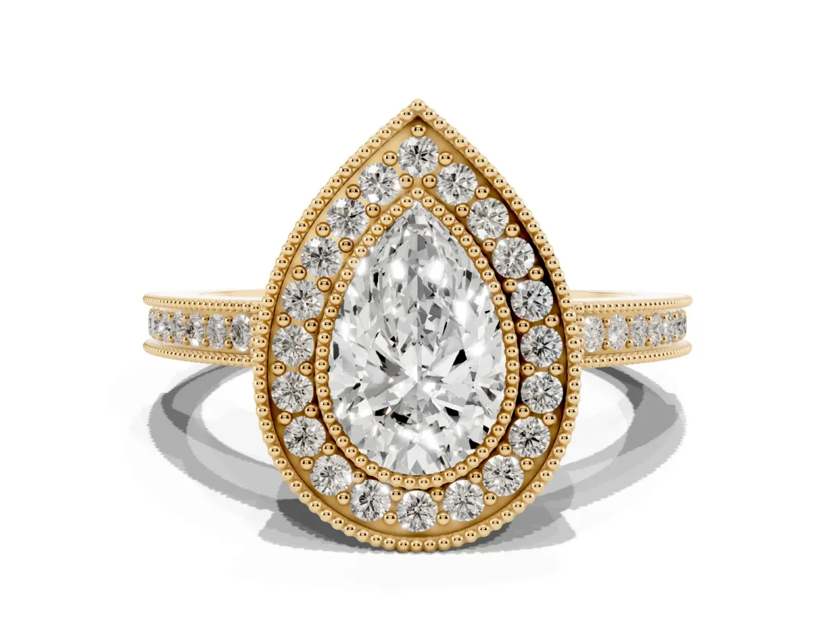 Pear Cut Cut Halo Diamond Ring with Pavé Band and Milgrain Prong Setting Yellow gold