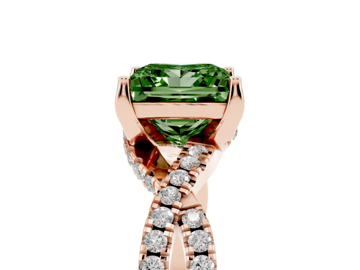 Fancy Green Princess Cut Solitaire Twist Pave Diamond Engagement Ring with Prong Setting Rose gold