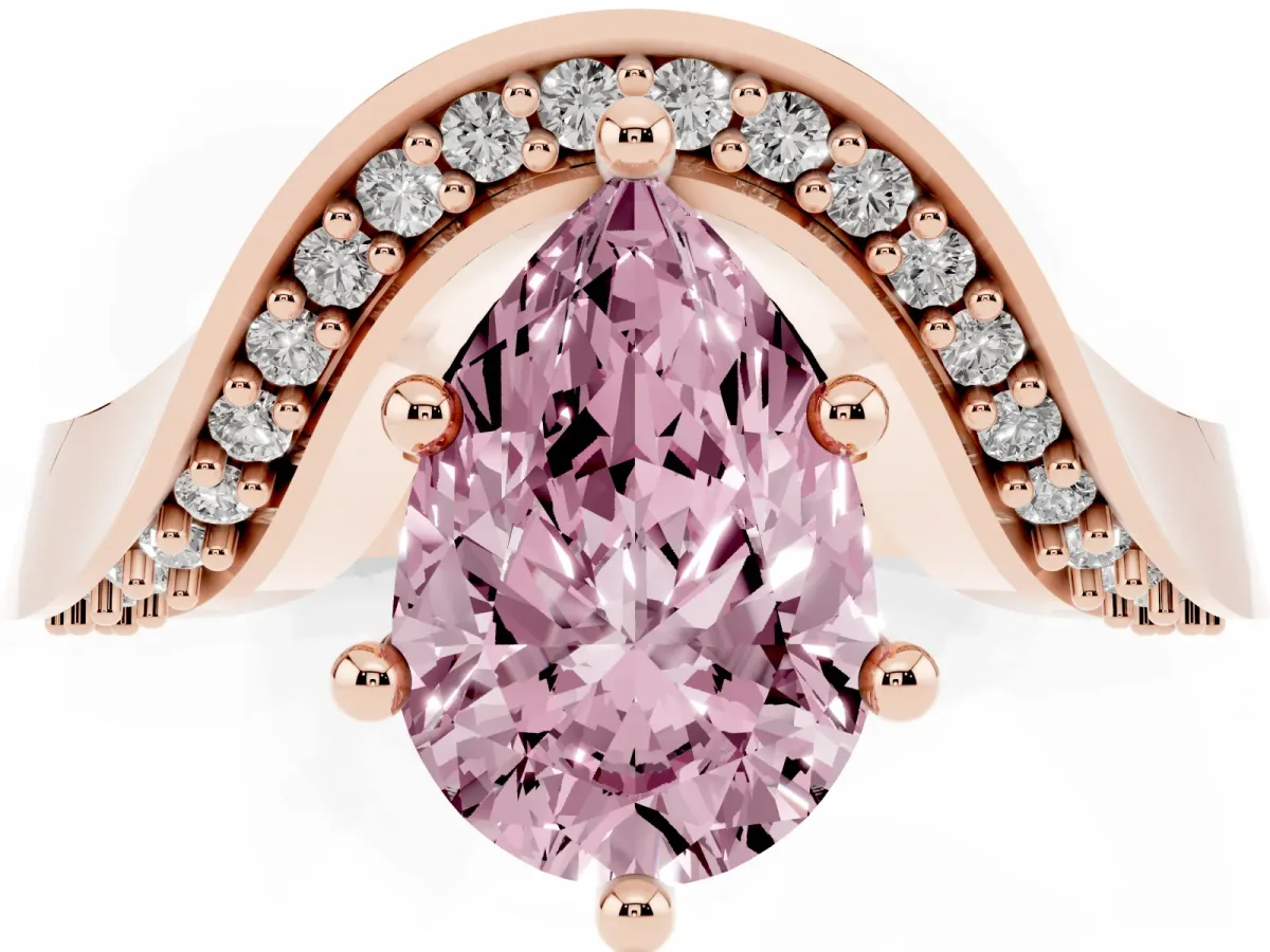 Fancy Pink Pear Cut Solitaire Diamond Engagement Ring with Pave Band and Four-Prong Setting Rose gold