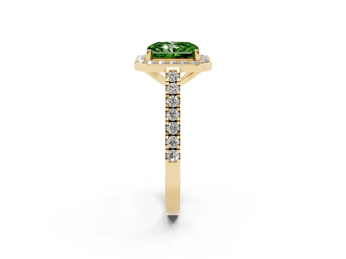 Fancy Green Radiant Cut Diamond Halo Ring with Round Pavé Split Shank and Prong Setting Yellow gold