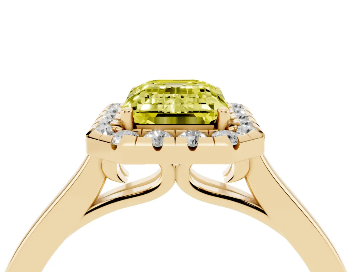 Fancy Yellow Emerald Cut Halo Round Diamond Solitaire Ring with Pavé Band and Four-Prong Setting Yellow gold