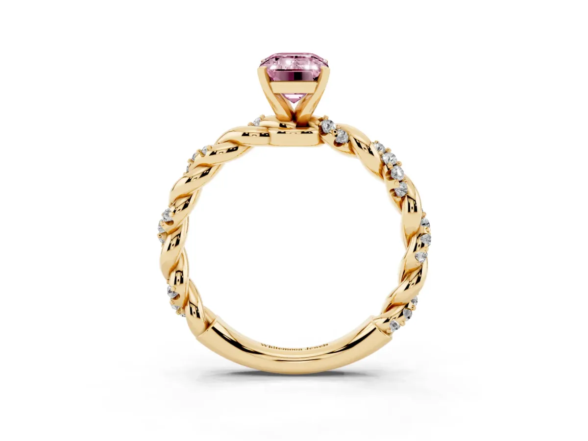 Fancy Pink Emerald Cut Diamond Solitaire Ring with Twisted Band and Pavé Accents Yellow gold