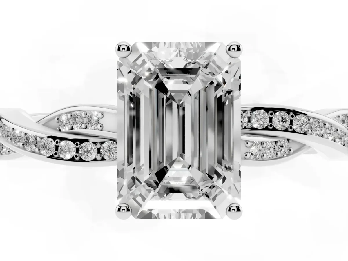 Emerald Cut Solitaire Twisted Pave Diamond Ring with Four-Prong Setting Silver