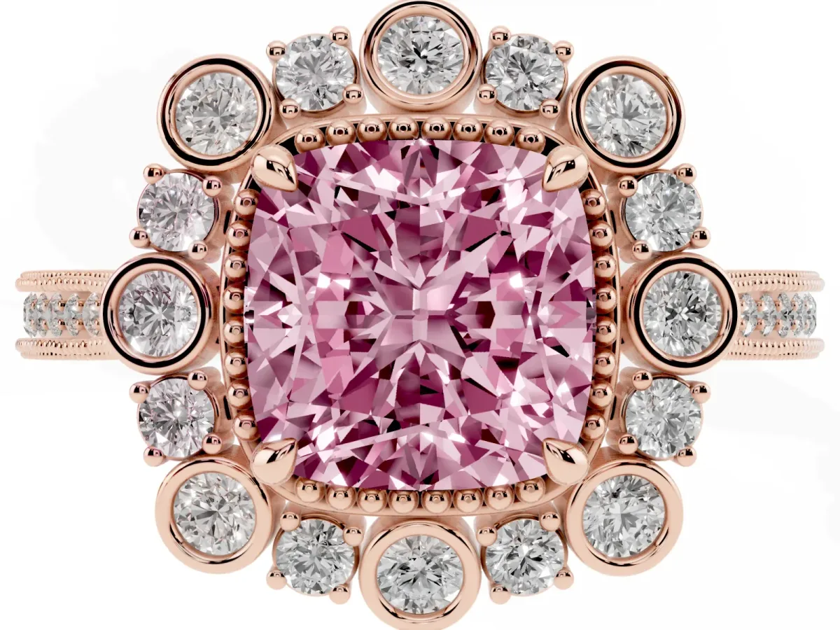 Fancy Pink Cushion Cut Halo Milgrain Pave Diamond Ring with Four-Prong Setting Rose gold