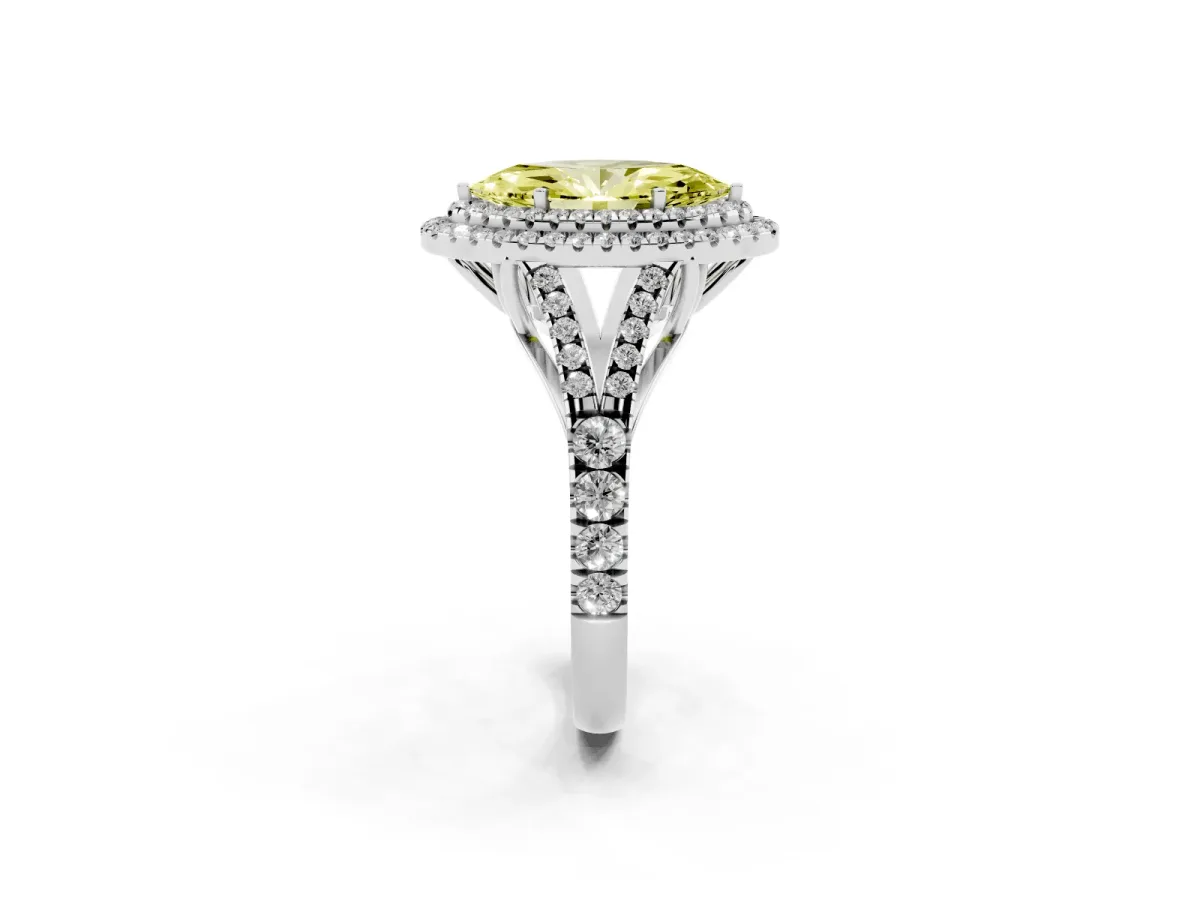Fancy Yellow Marquise Cut Cut Double Halo Split Shank Diamond Ring with Prong Setting Silver