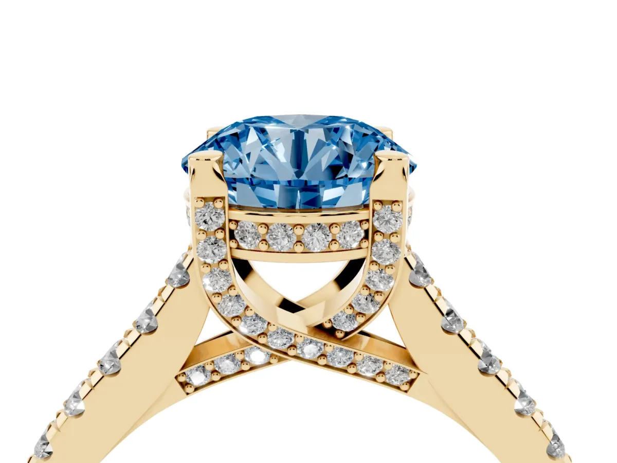 Fancy Blue Round Cut Brilliant Diamond Solitaire with Pavé Band and Four-Prong Setting Yellow gold