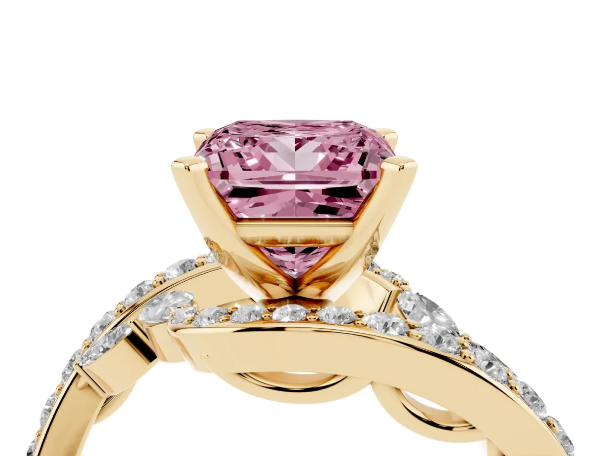 Fancy Pink Princess Cut Solitaire with Pavé Twist Band and Four-Prong Setting Yellow gold