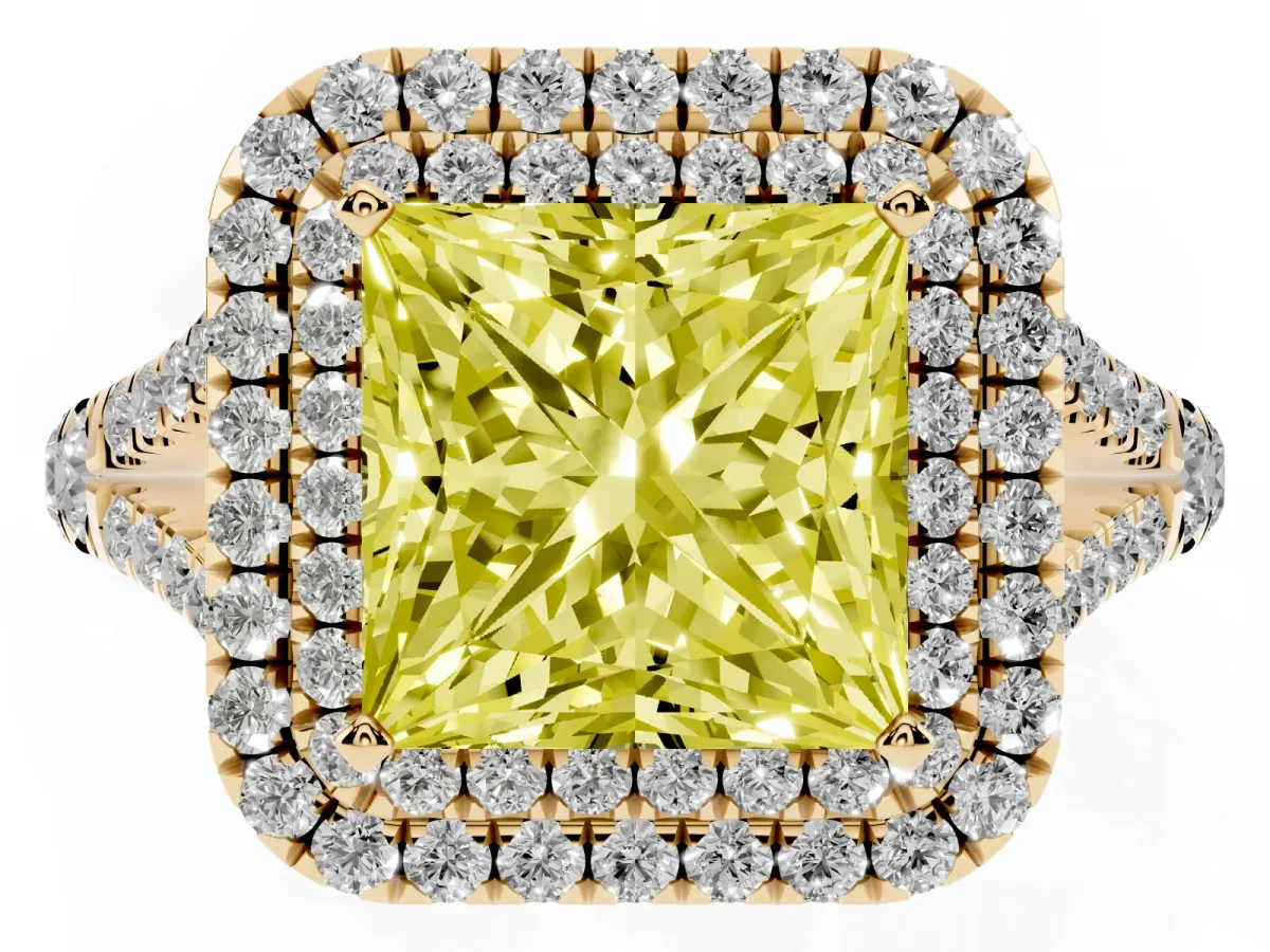 Fancy Yellow Princess Cut Diamond Pavé Split Shank Double Halo Engagement Ring Yellow gold