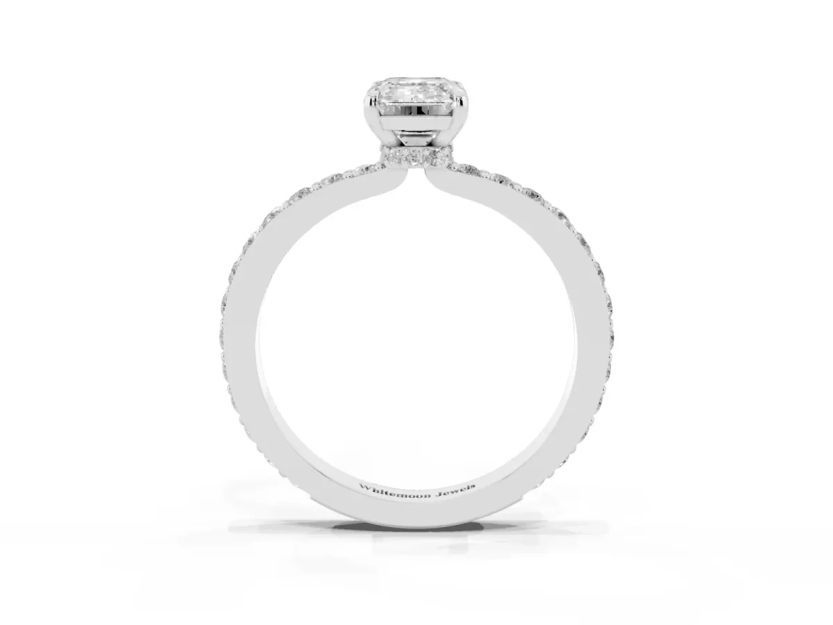 Emerald Cut Diamond Pavé Engagement Ring with Round Accents and Prong Setting Platinum