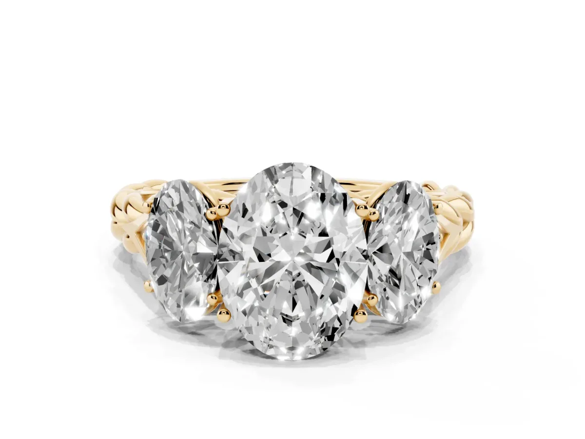 Three-Stone Oval Cut Diamond Braided Band Ring with Four-Prong Setting Yellow gold
