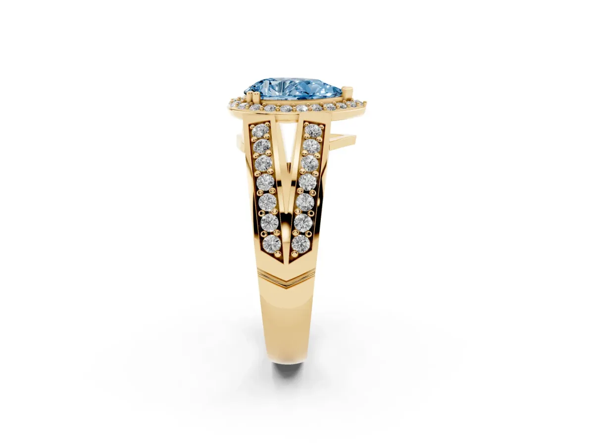 Fancy Blue Pear Cut Diamond Halo Ring with Split Shank Pavé Band and Four-Prong Setting Yellow gold