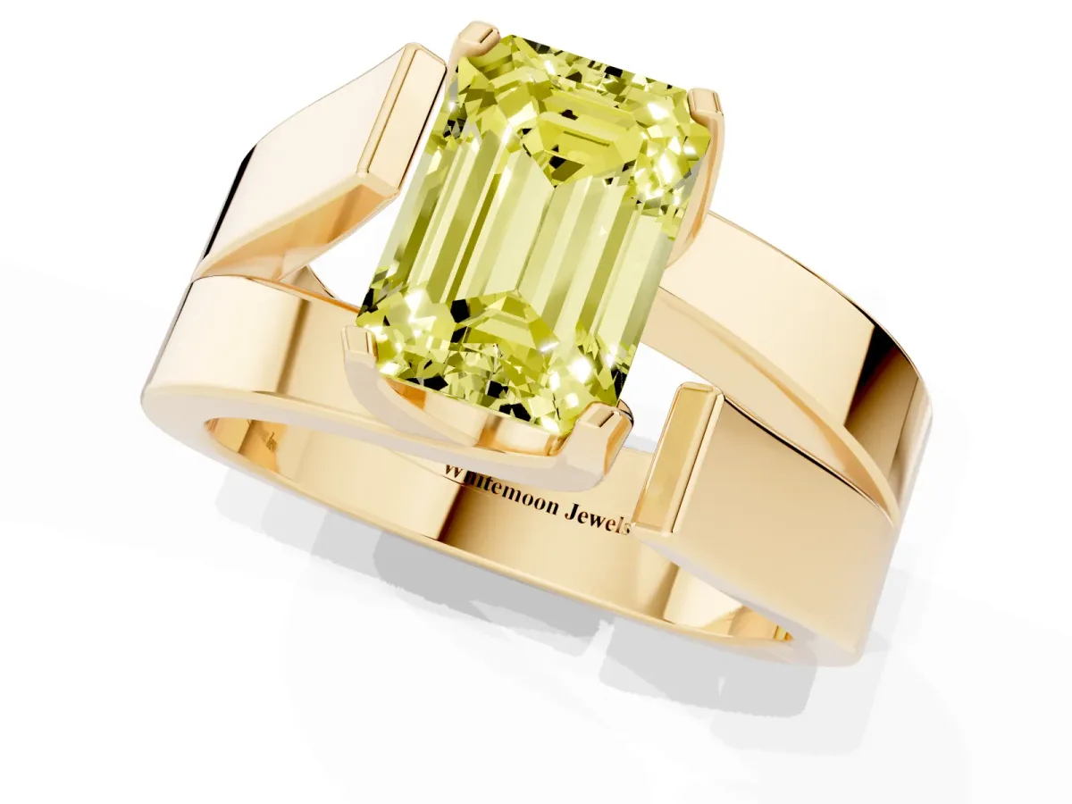 Fancy Yellow Modern Tension Set Emerald Cut Diamond Solitaire Wide Band Ring Yellow gold