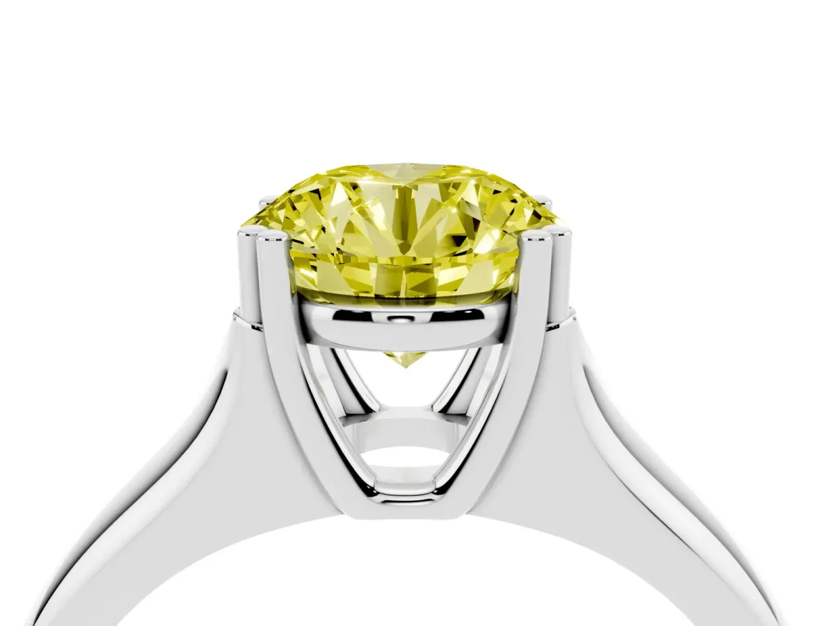 Fancy Yellow Round Cut Diamond Solitaire Ring with Wide Band and Prong Setting Silver